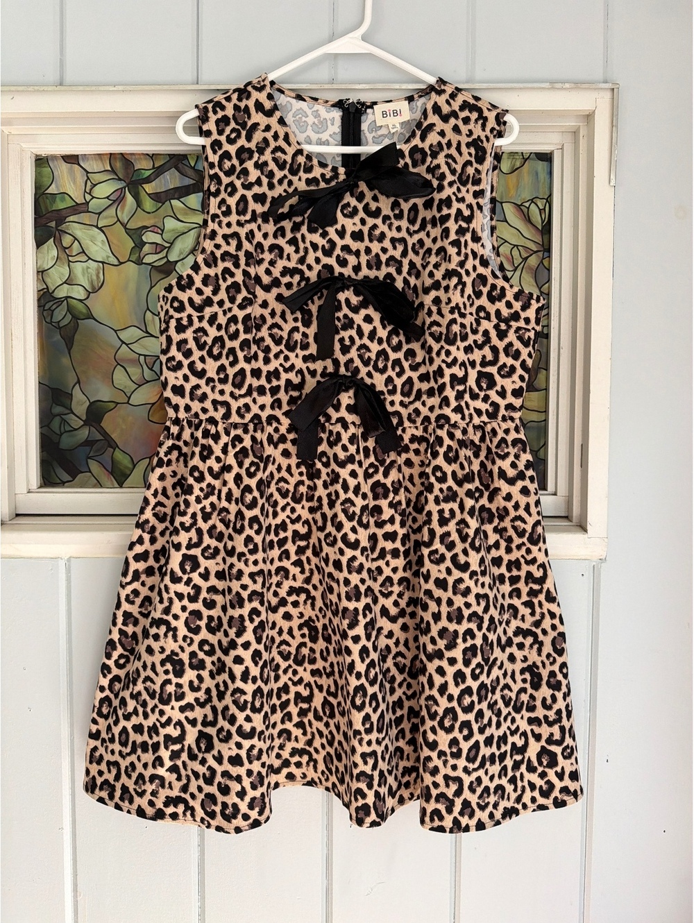 BiBi Leopard Print Sleeveless mini Dress with Black Bows size XL
